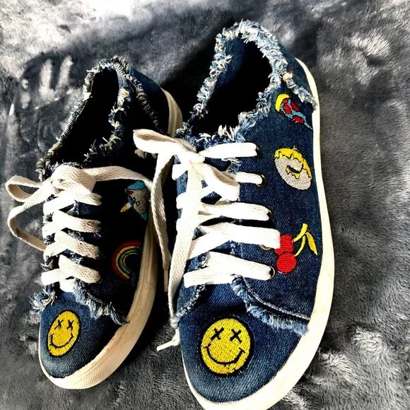 Denim Canvas Sneakers With Embroidered Smiley & Icons Frayed Detail - Picture 6 of 11